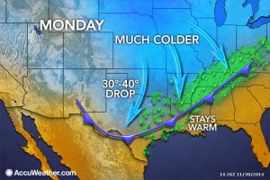 Arctic cold front expected to arrive in the pre-dawn hours at DFW. Map courtesy of Accuweather.