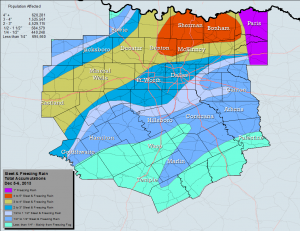 Ice accretion amounts across DFW from the “Cobblestone” ice storm that hit the area exactly one year ago. Map courtesy of the National Weather Service Office in Fort Worth, Texas.