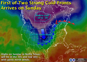 First of two Arctic cold fronts expected this week. Map courtesy of the National Weather Service office in Fort Worth, Tx.