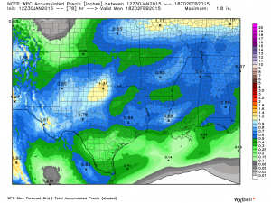 Average rainfall amounts expected for the weekend of January 31st through February 1st 2015. Map courtesy of WeatherBell.