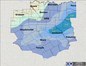 Snowfall totals for the Wednesday, February 25, 2015 snow event. Map courtesy of the National Weather Service office in Fort Worth, Tx.