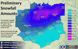 Preliminary snowfall totals for the March 4-5, 2015 storm. Map courtesy of the National Weather Service office in Fort Worth, Texas.