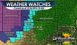 Current watches/warnings across the state as of 10:00 AM December 26, 2015.